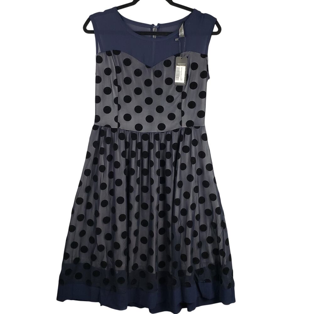 Oxiuli Size L Sweetheart Illusion Midi Dress Blue Black Polka Dot Rockabilly New